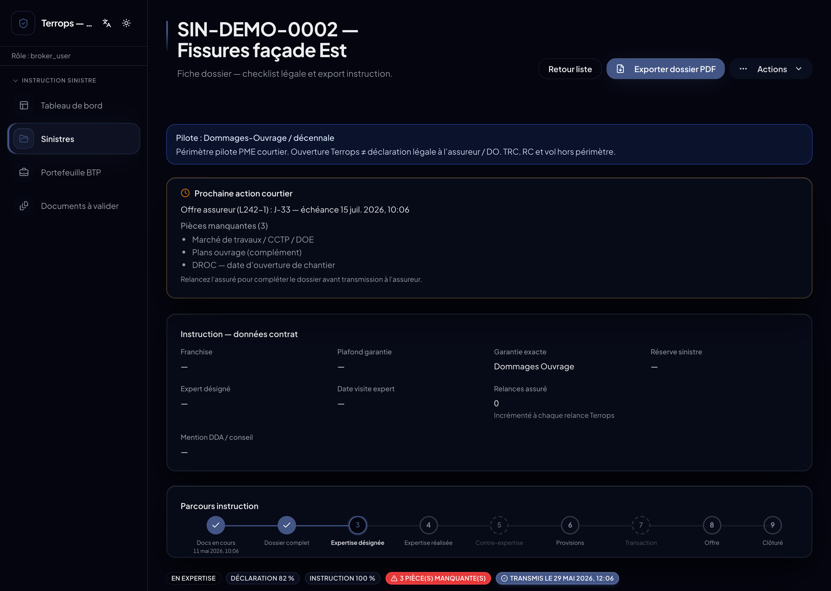 Backoffice courtier Terrops — dossier SIN-DEMO-0002 complet (100 %), transmis à l'assureur