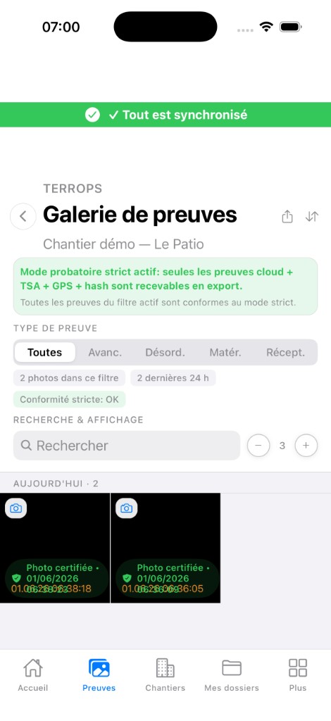 Terrops mobile — galerie de preuves certifiées, mode probatoire strict (cloud + TSA + GPS + hash)