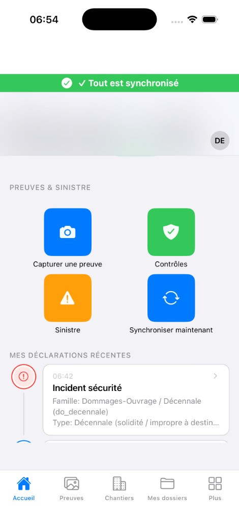 Terrops mobile — accueil chantier : capturer une preuve, contrôles, déclarer un sinistre, synchronisation