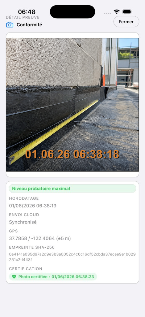 Terrops mobile — preuve de conformité chantier horodatée, GPS, SHA-256 et certification eIDAS