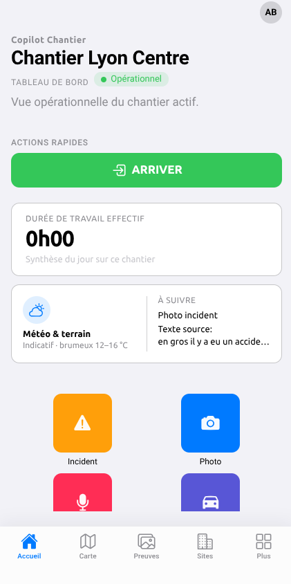 Terrops BTP — tableau de bord Chantier Lyon Centre
