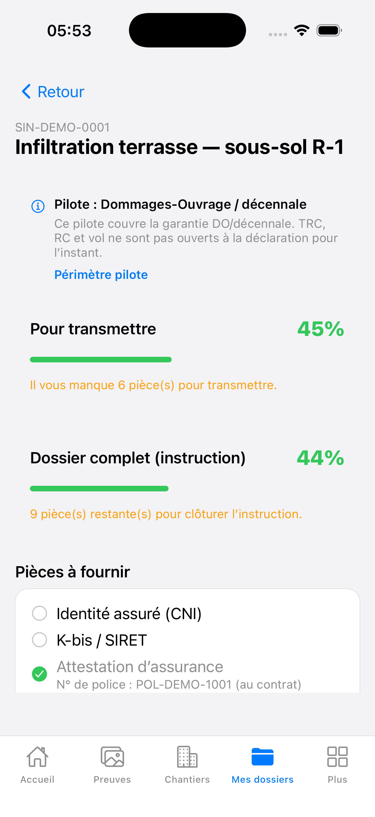 Terrops mobile — dossier SIN-DEMO-0001 infiltration DO incomplet (44 %)