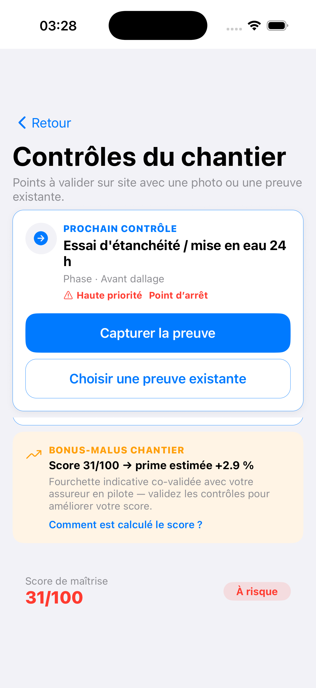 Contrôles chantier — score de maîtrise 34/100 sur Le Patio, alerte points d'arrêt, contrôle étanchéité manquant