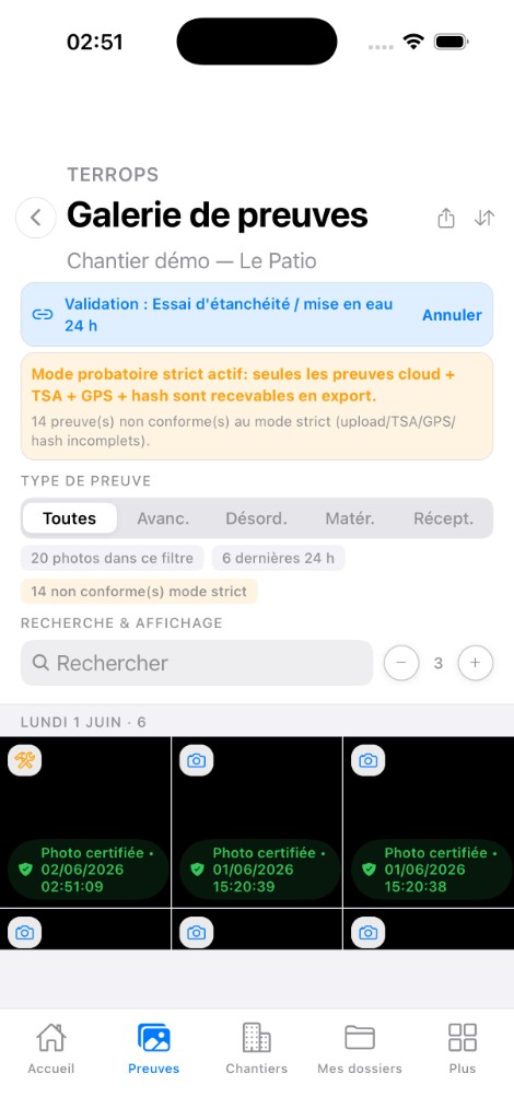 Galerie de preuves — mode probatoire strict, photos certifiées horodatées et géolocalisées