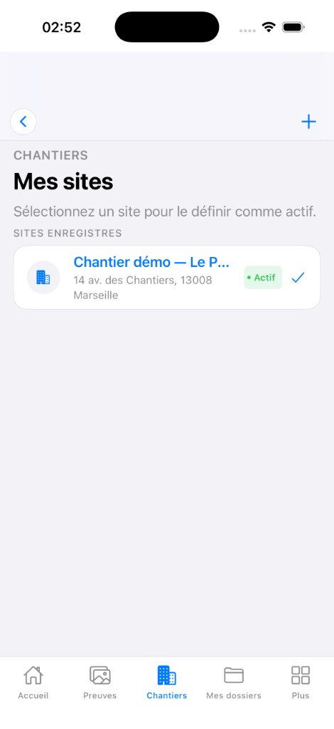 Mes sites — Chantier démo Le Patio, 14 av. des Chantiers Marseille, site actif