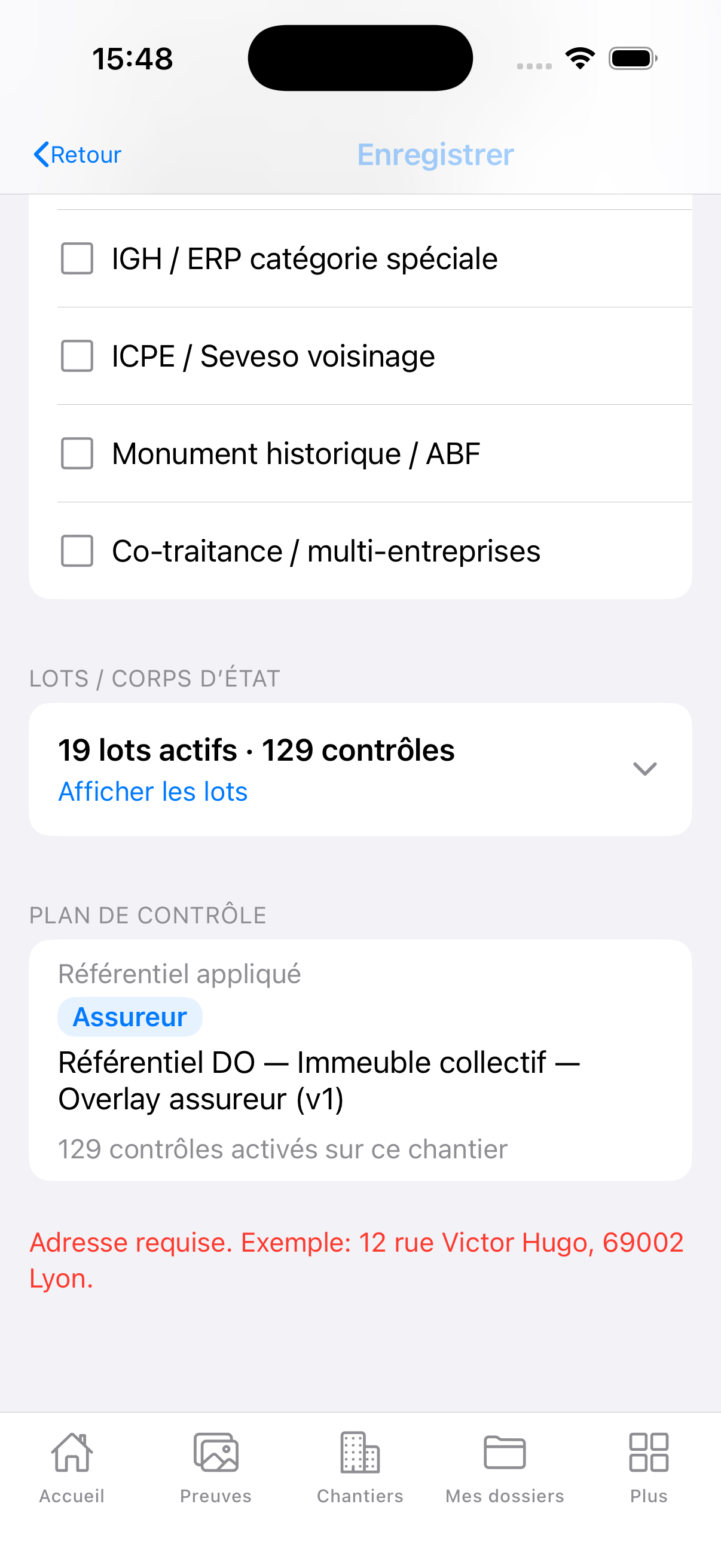Nouveau chantier — immeuble collectif, modificateur amiante, badge Assureur, 129 contrôles