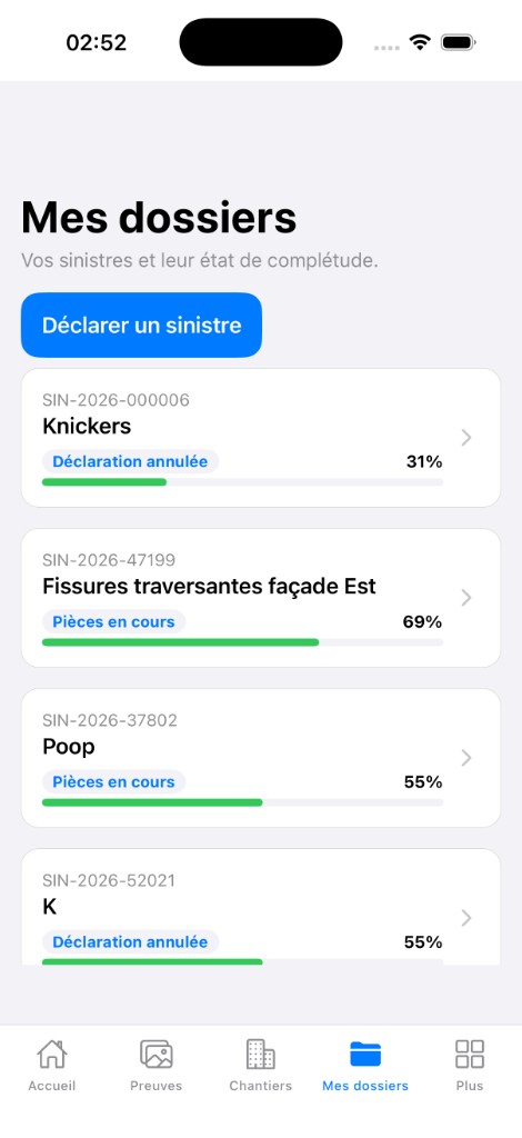 Mes dossiers — liste sinistres SIN-2026 avec complétude 31% à 69%