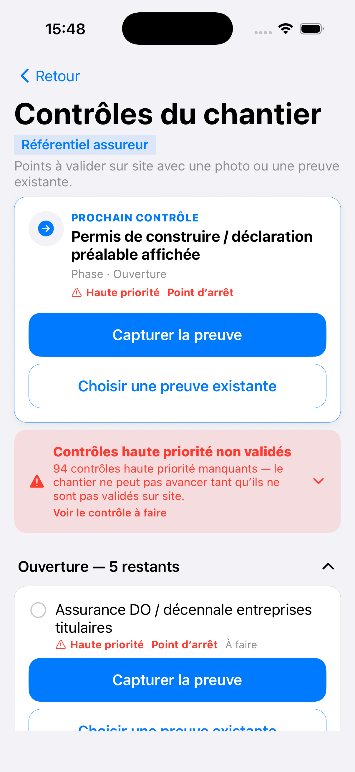 Contrôles chantier — badge Référentiel assureur, prochain contrôle et points d'arrêt