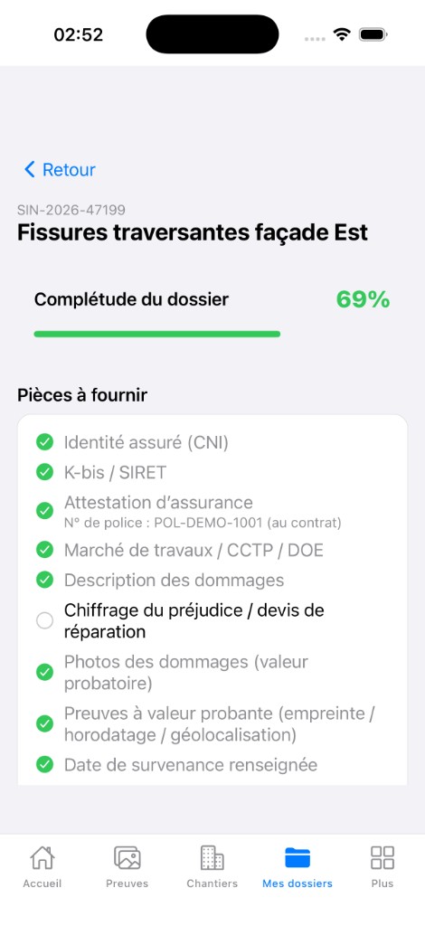 Complétude dossier 69% — checklist pièces CNI, K-bis, police, marché travaux, photos probatoires