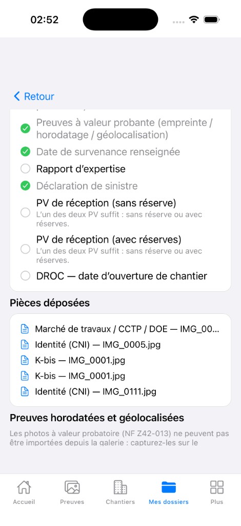 Pièces déposées et preuves horodatées NF Z42-013 — capture sur chantier obligatoire