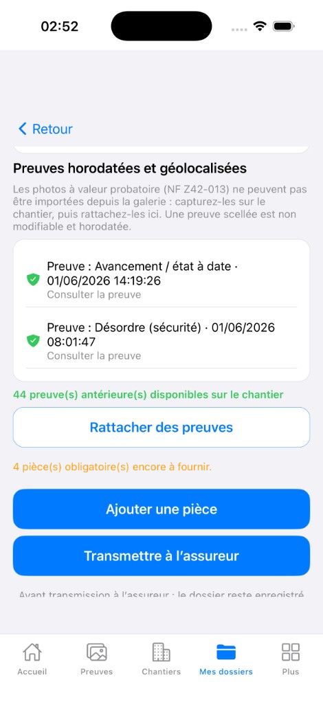 Preuves rattachées et bouton Transmettre à l'assureur — 44 preuves antérieures sur le chantier
