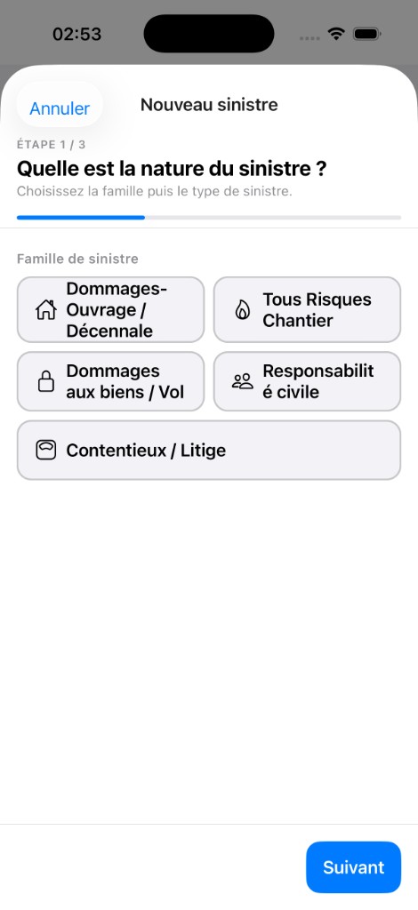 Nouveau sinistre étape 1 — choix famille : DO/décennale, TRC, vol, RC, contentieux