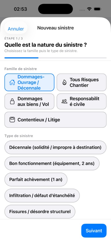 Nouveau sinistre — type décennale, bon fonctionnement, parfait achèvement, infiltration, fissures