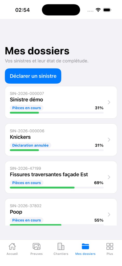 Mes dossiers après déclaration — liste sinistres avec complétude et statut