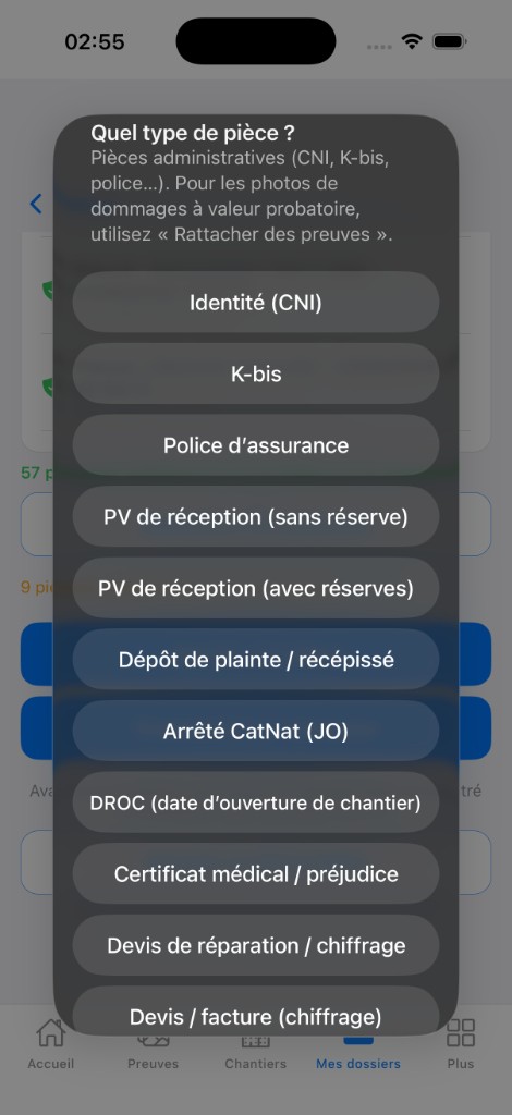Types de pièces — CNI, K-bis, police, PV réception, DROC, devis, CatNat