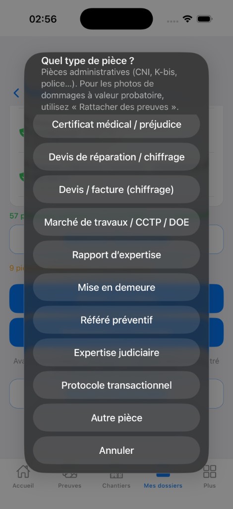 Types de pièces — marché travaux, expertise, mise en demeure, référé, protocole transactionnel